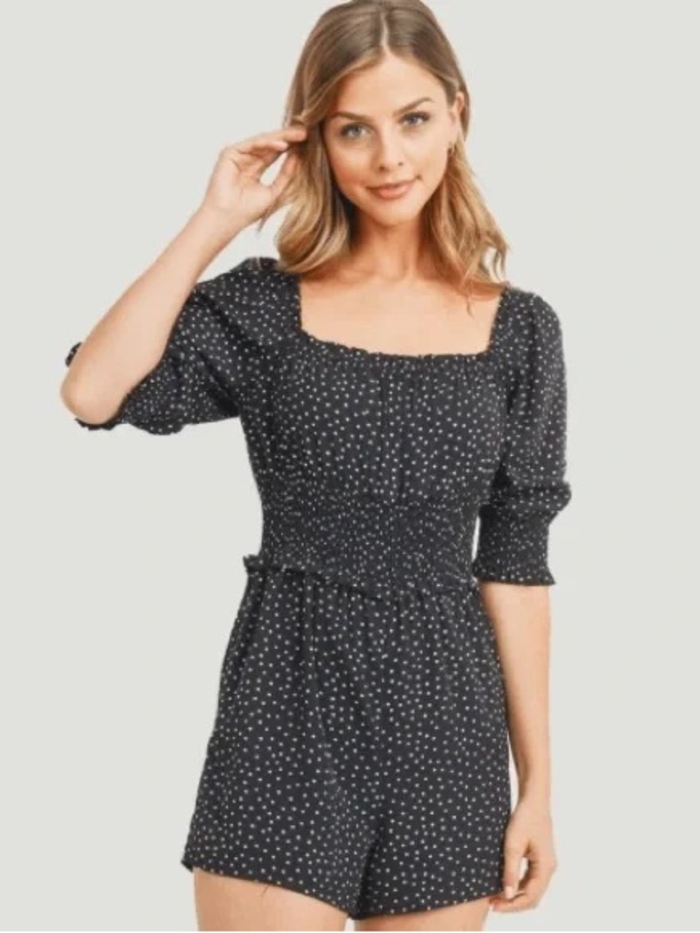 Polka Dot Smocked Waist Romper - Black